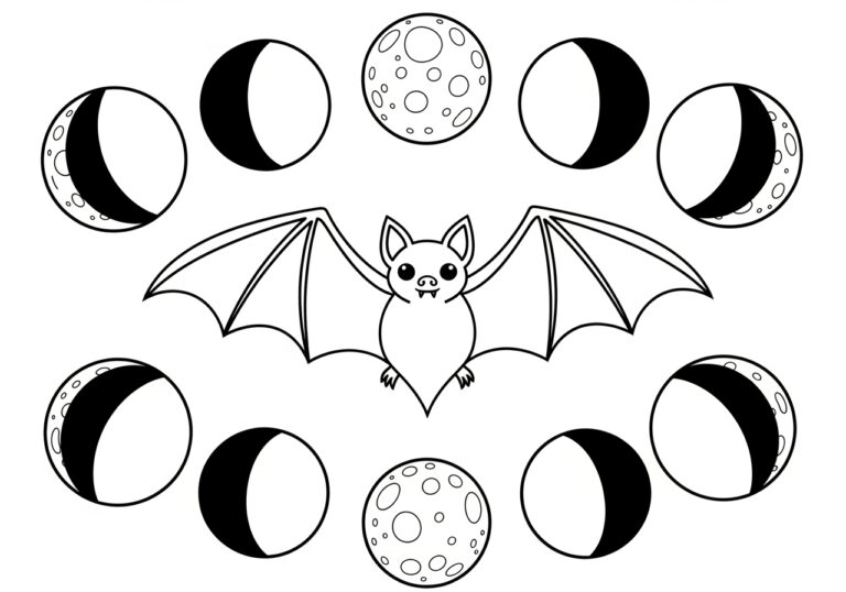 Bat and Moon Phases Coloring Page