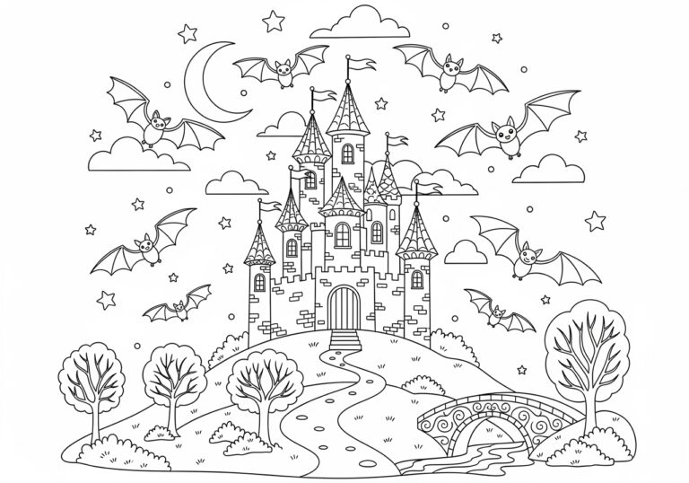 Bat around Castle Towers Coloring Page