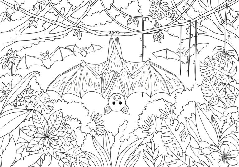 Bat in a Rainforest Canopy Coloring Page
