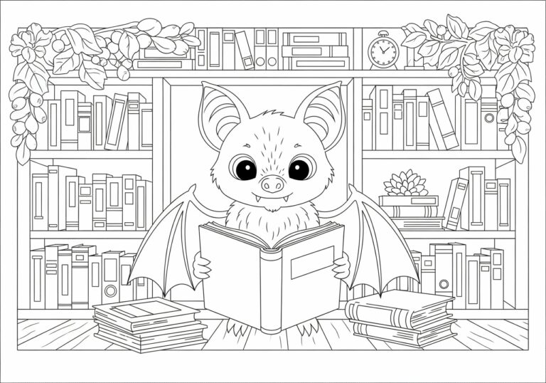 Bat Reading in a Library Coloring Page
