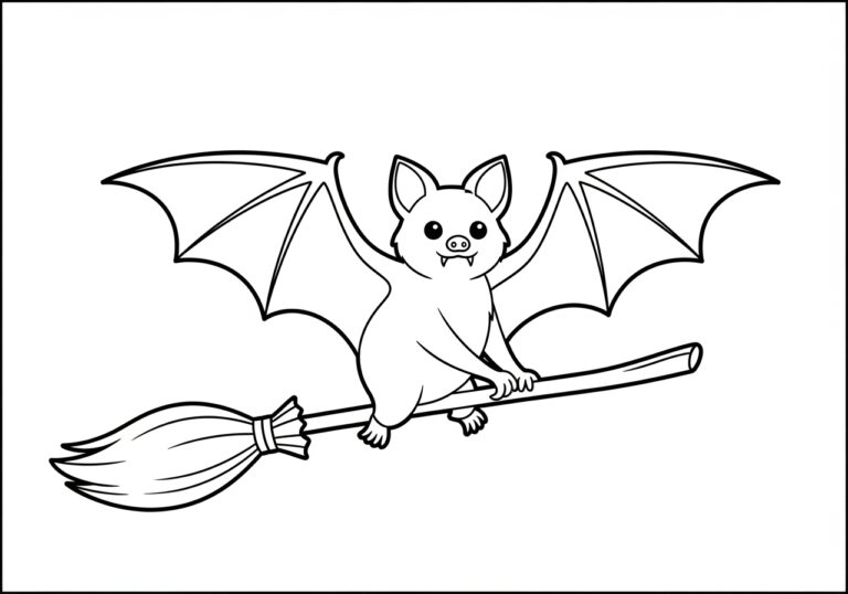Bat Riding a Broomstick Coloring Page
