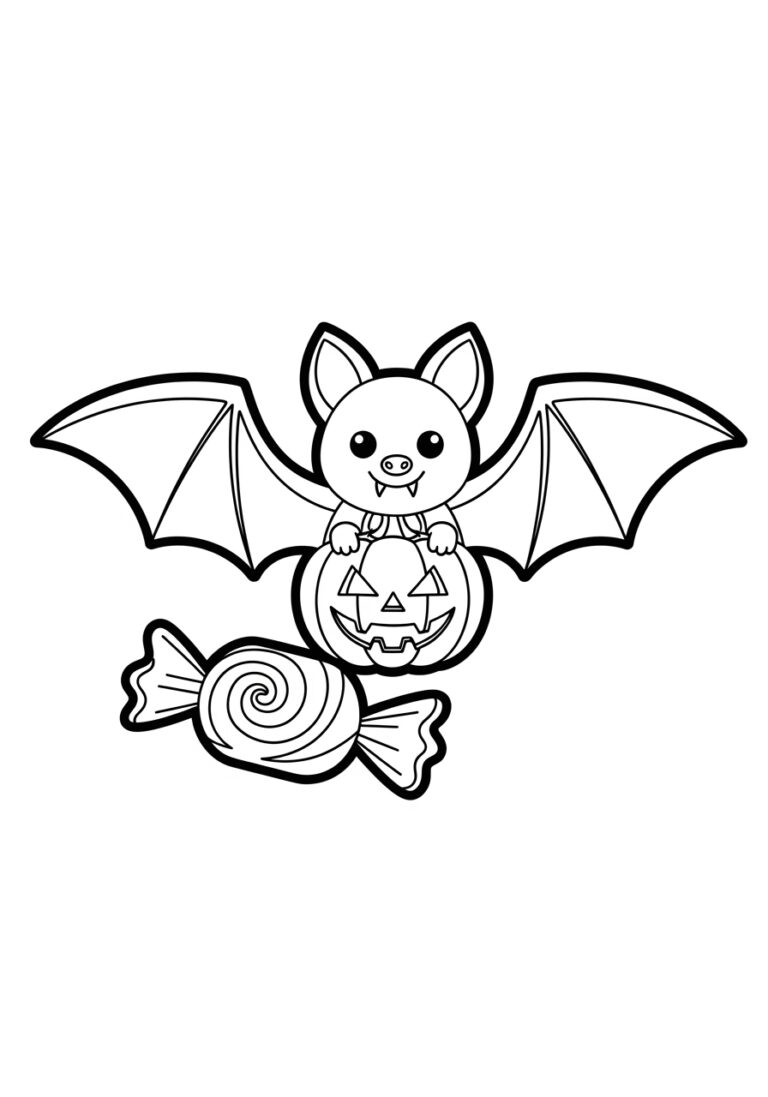 Bat with Jack-o-Lantern Candy Coloring Page