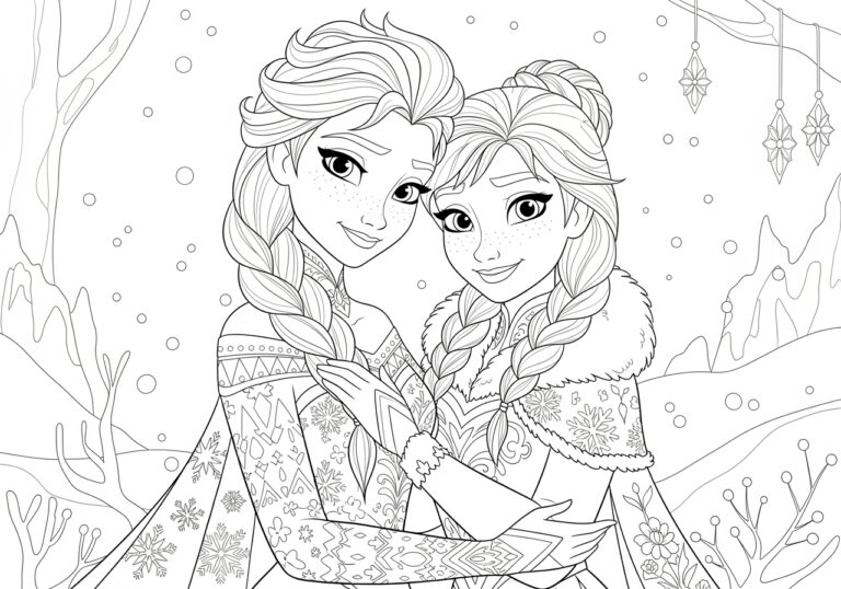 Beautiful Elsa and Anna Drawing with Colour Coloring Page