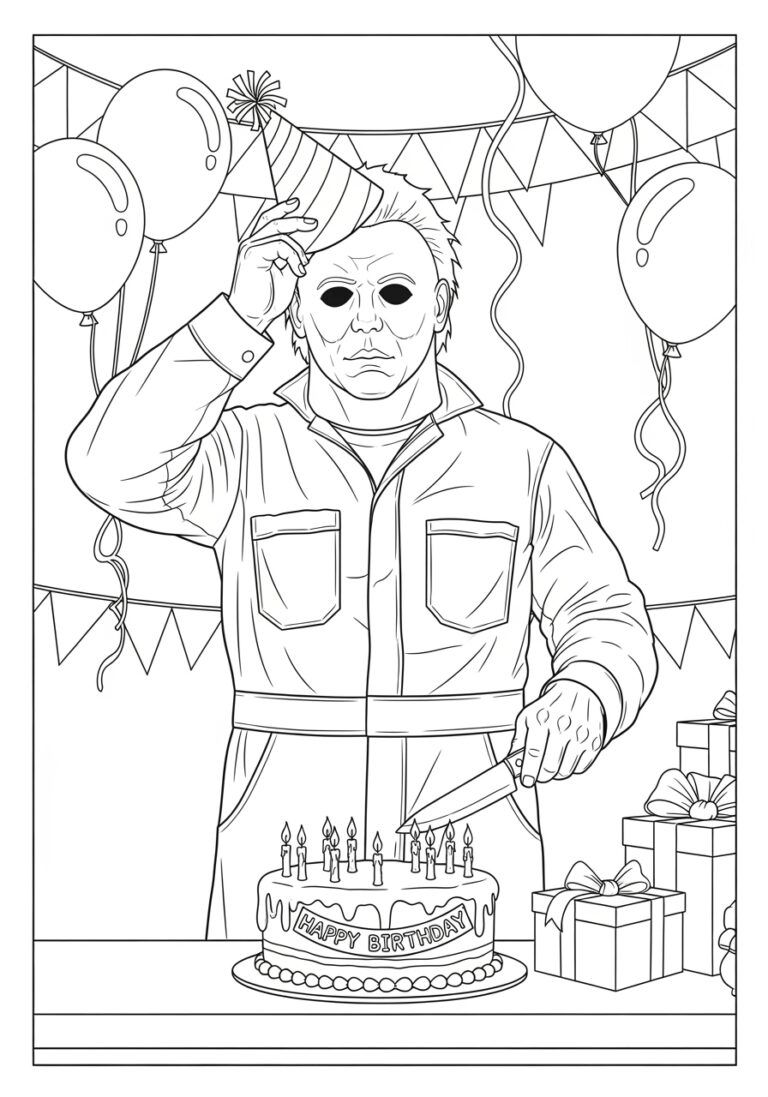 Birthday Party Michael Myers with Cake Coloring Page