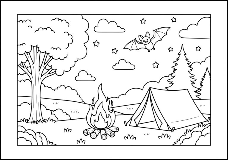 Camping Night Bat by a Campfire Coloring Page