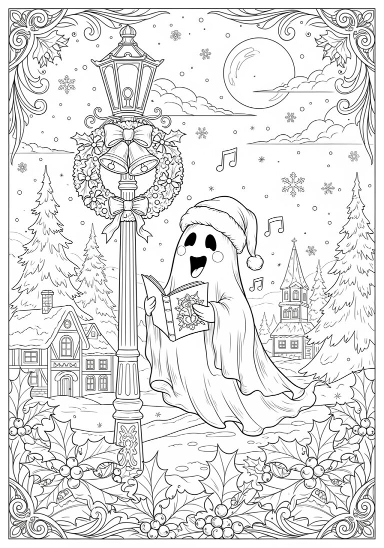 Christmas Caroling Ghost Coloring Page