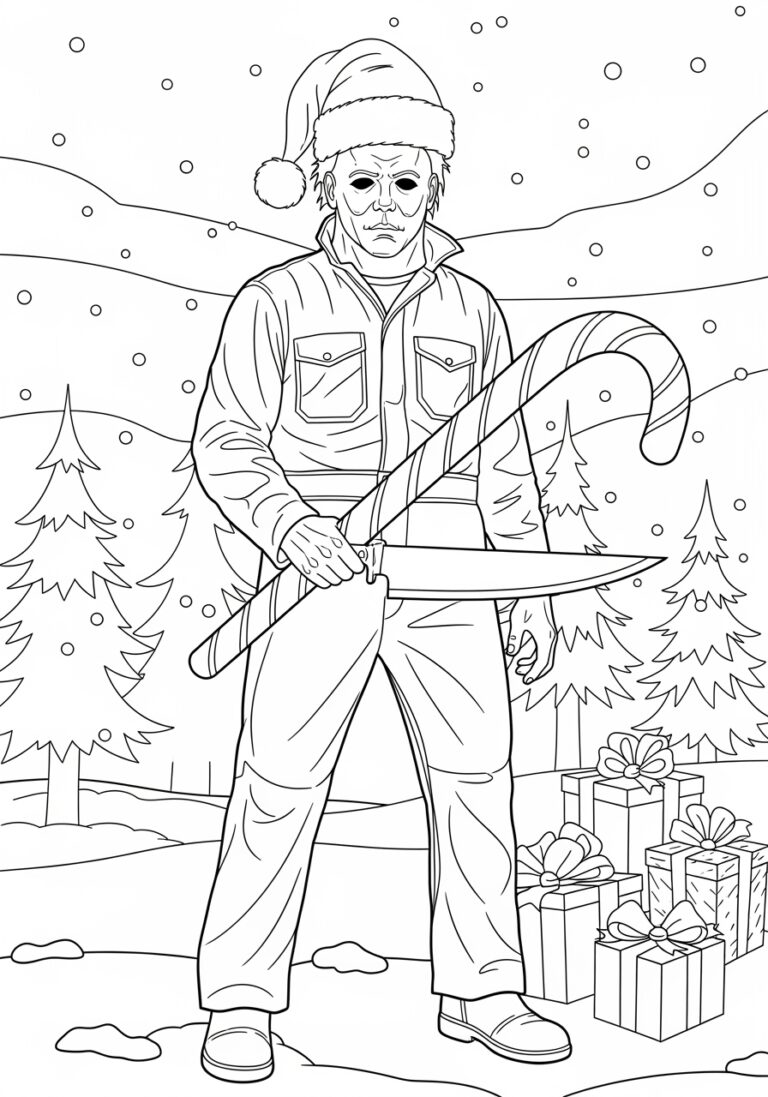 Christmas Michael Myers in Santa Hat Coloring Page