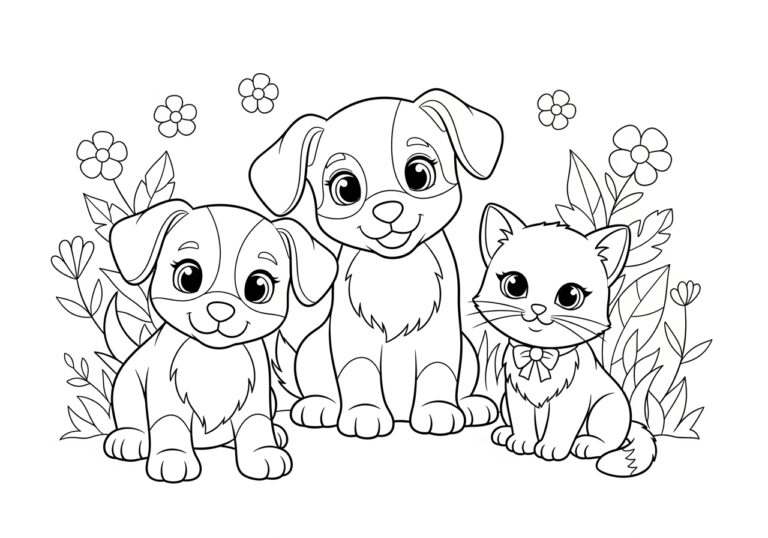 Coloring Page of Puppy and Kitten