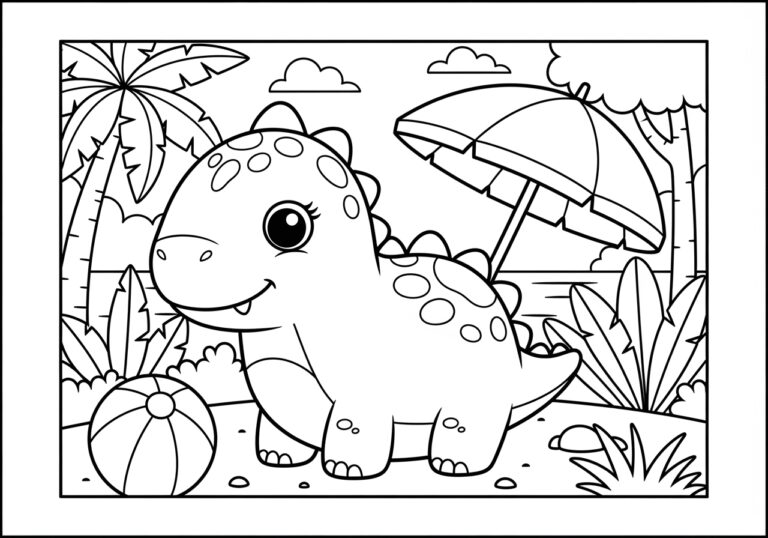 Cute Cartoon Dinosaur Coloring Page to Print Out and Color