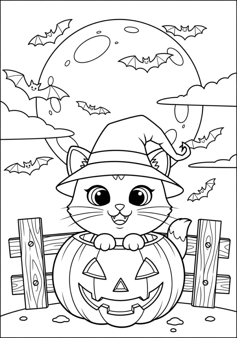 Cute Cat Halloween Coloring Page