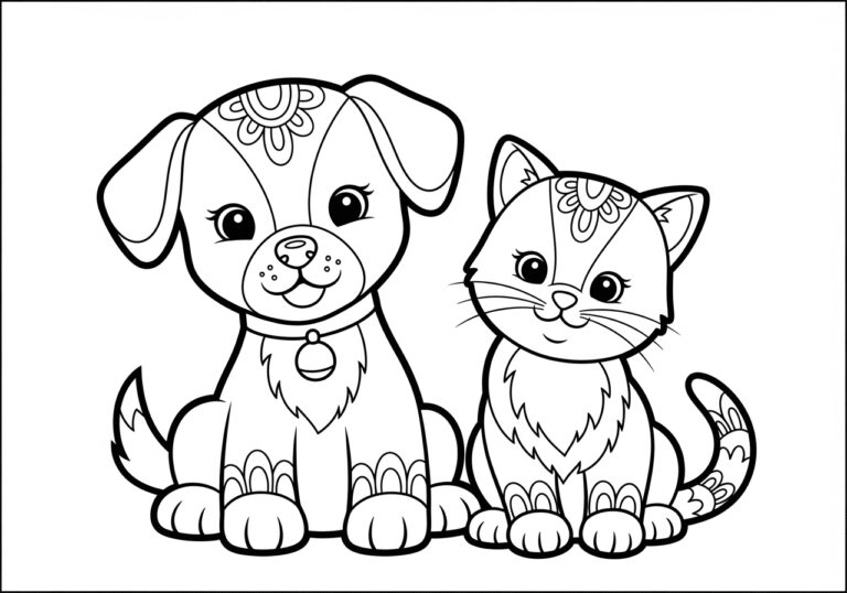 Cute Puppy and Kitten Coloring Page