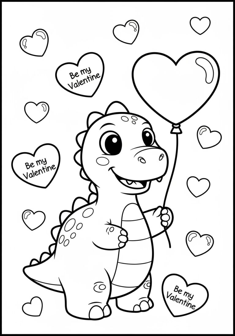 Dinosaur Valentine Coloring Page to Print Out and Color