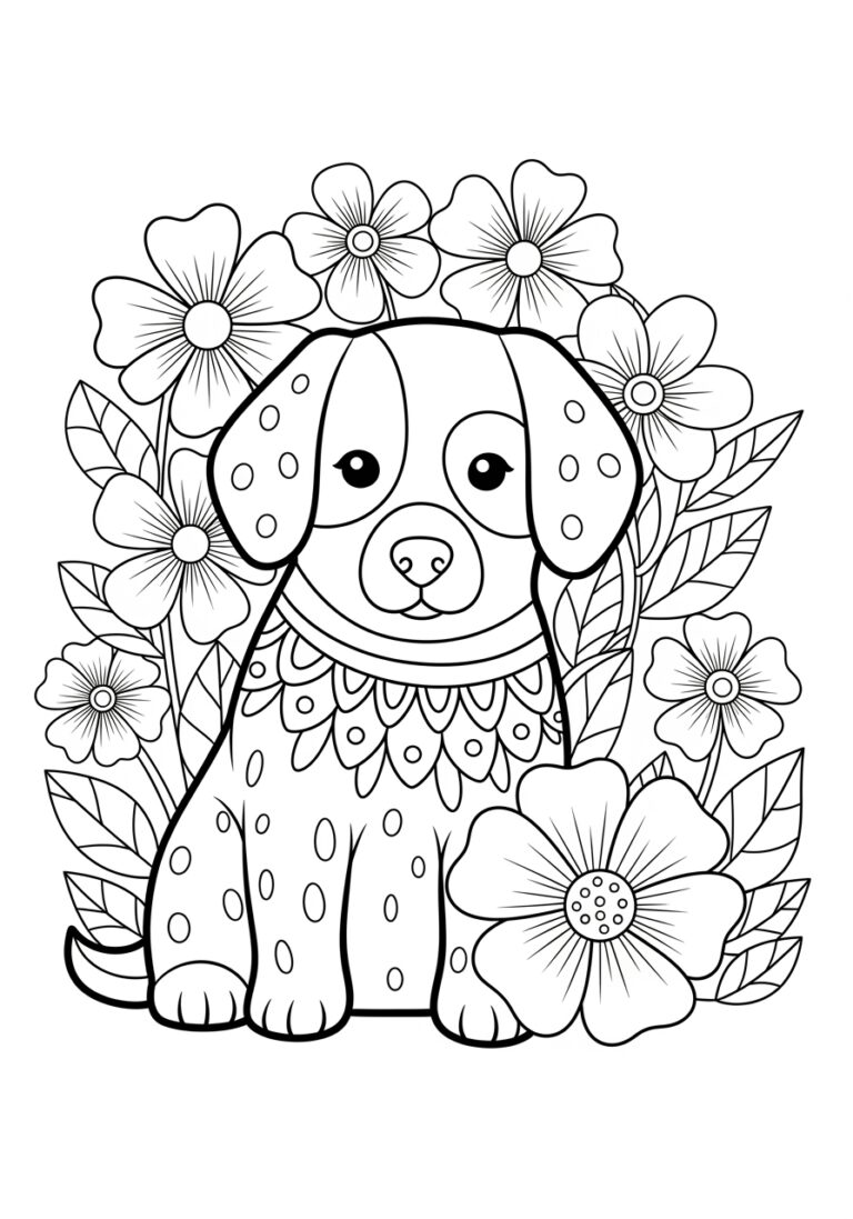 Dog and Flower Coloring Page