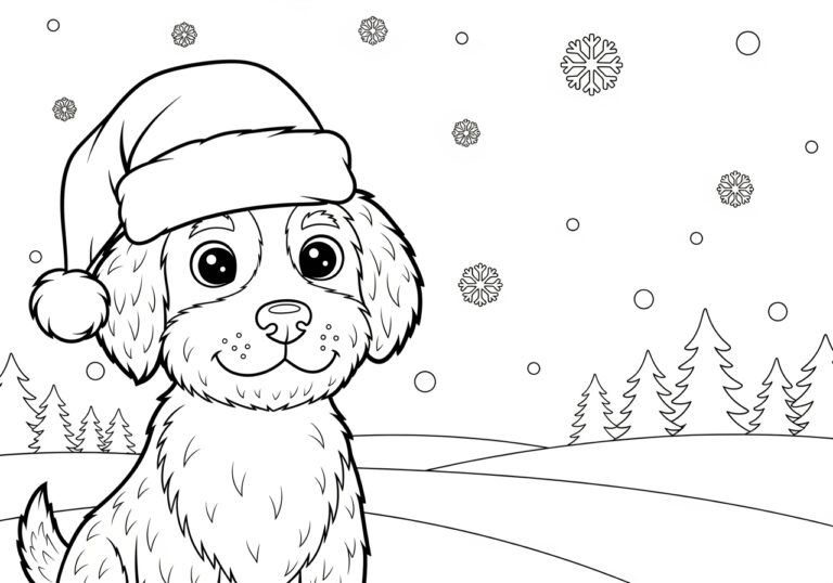 Dog with Santa Hat Coloring Page