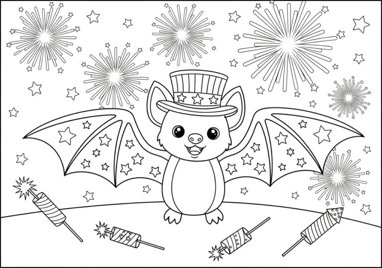 Fourth of July Bat with Fireworks Coloring Page