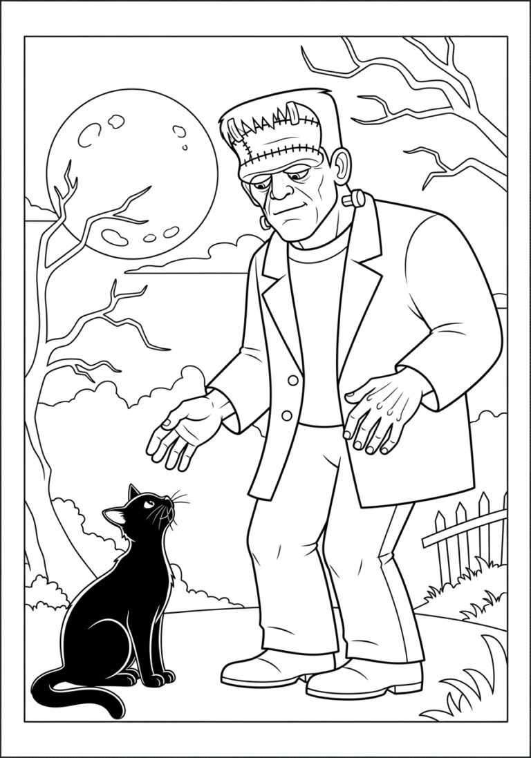 Frankenstein and Black Cat Coloring Page