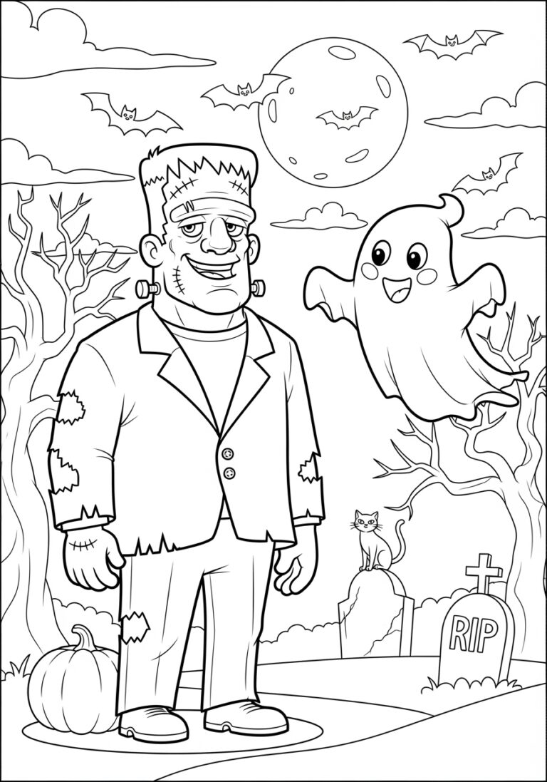 Frankenstein and Friendly Ghost Coloring Page