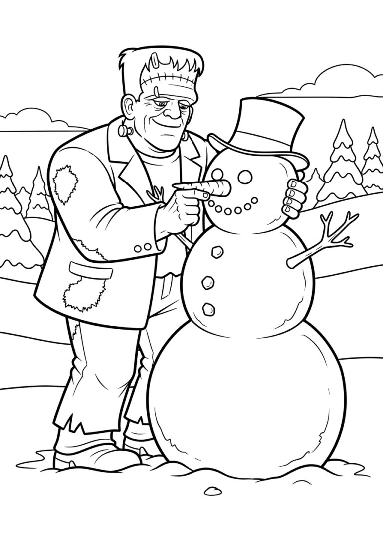 Frankenstein Building a Snowman Coloring Page