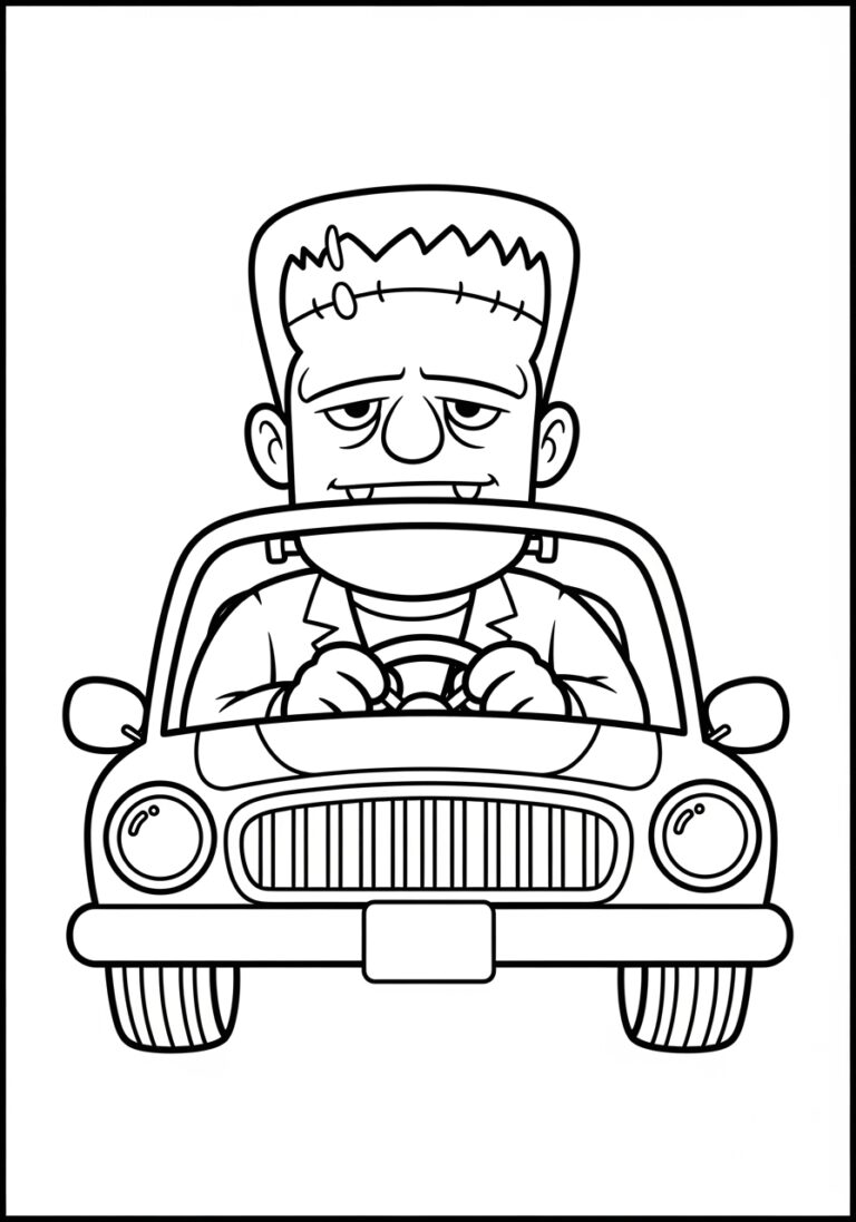 Frankenstein Driving a Car Coloring Page