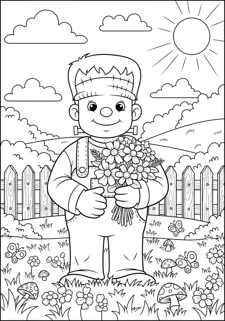 Frankenstein Holding Flowers Coloring Page