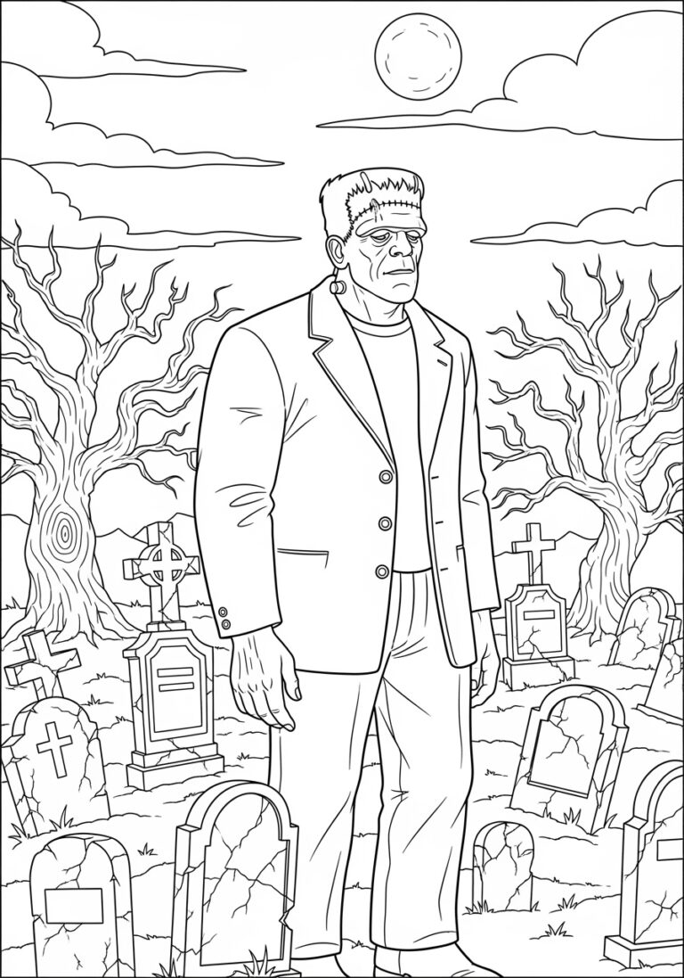 Frankenstein in a Graveyard Scene Coloring Page