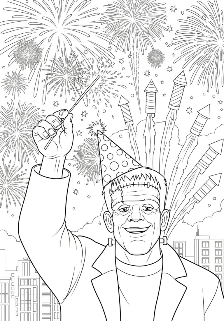 Frankenstein New Year Fireworks Coloring Page