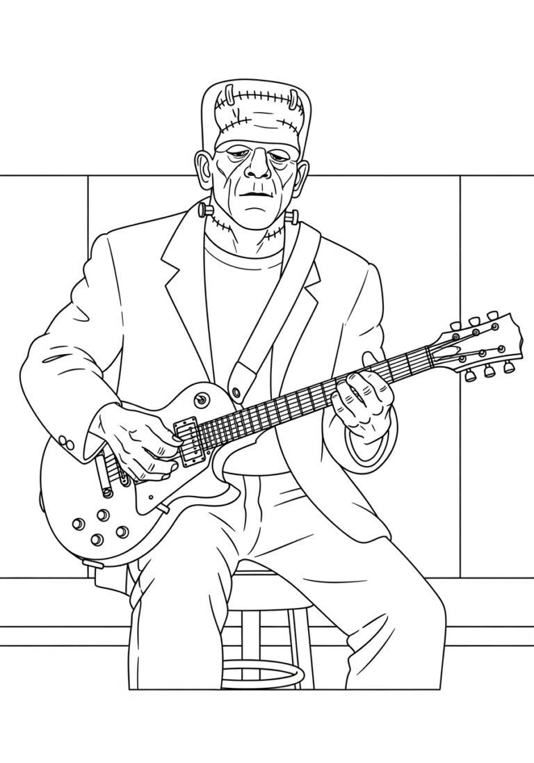 Frankenstein Playing Guitar Coloring Page to Print Out and Color