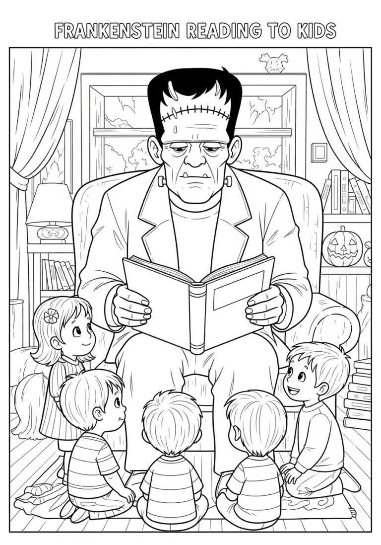 Frankenstein Reading to Kids Coloring Page