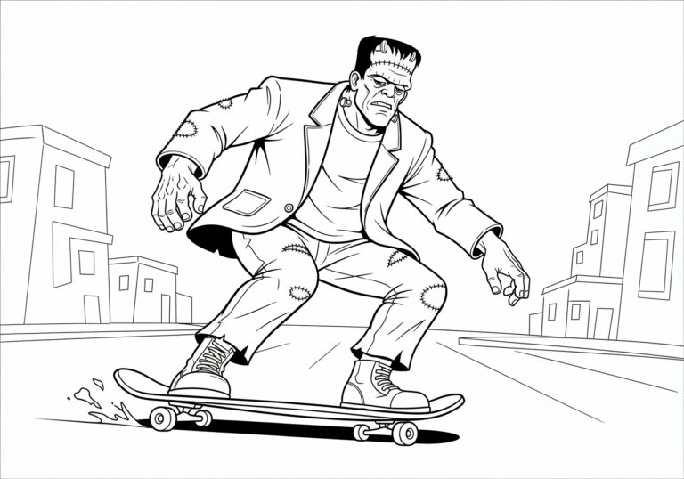 Frankenstein Riding a Skateboard Coloring Page to Print