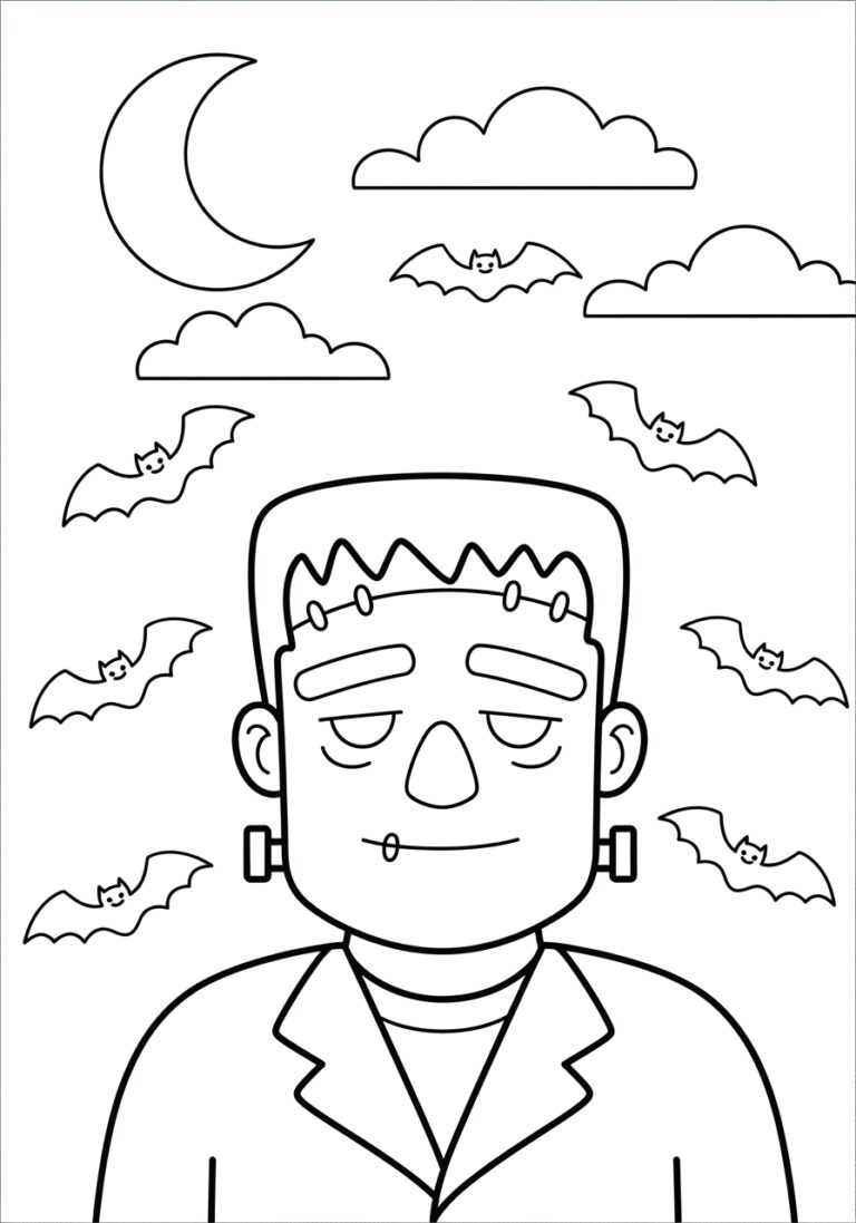 Frankenstein with Bats and Moon Coloring Page