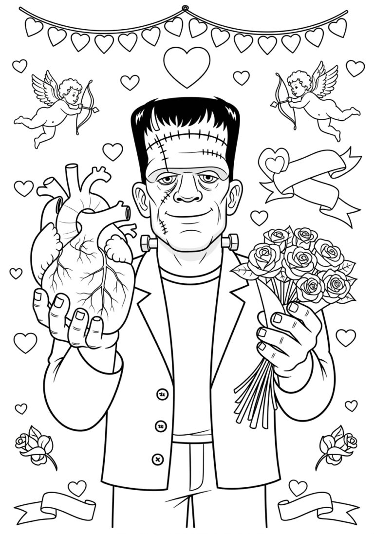 Frankenstein with Valentine’s Heart Coloring Page