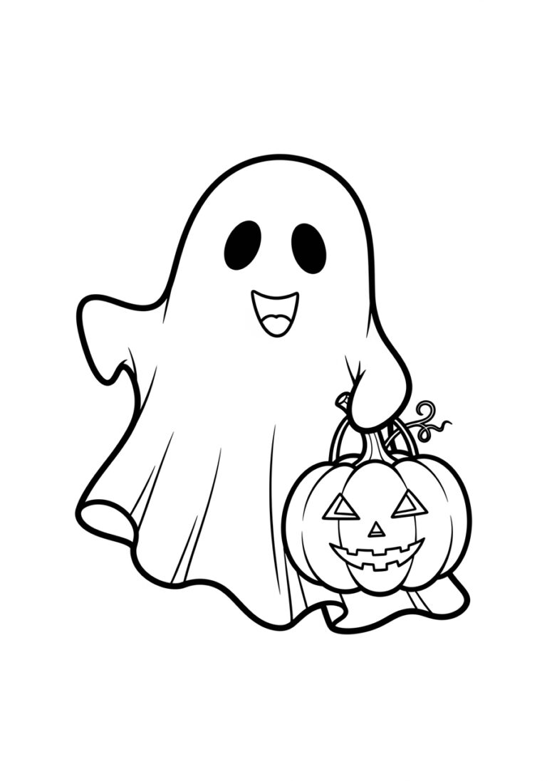 Friendly Ghost with Pumpkin Coloring Page
