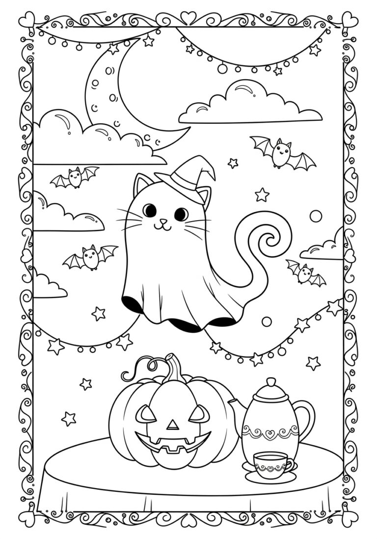Ghost Cat Coloring Page to Print Out and Color