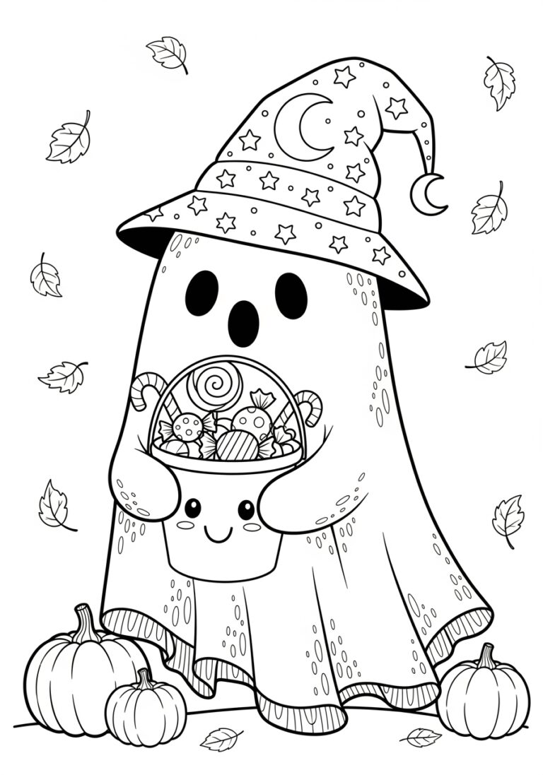 Ghost Holding Candy Bucket Coloring Page