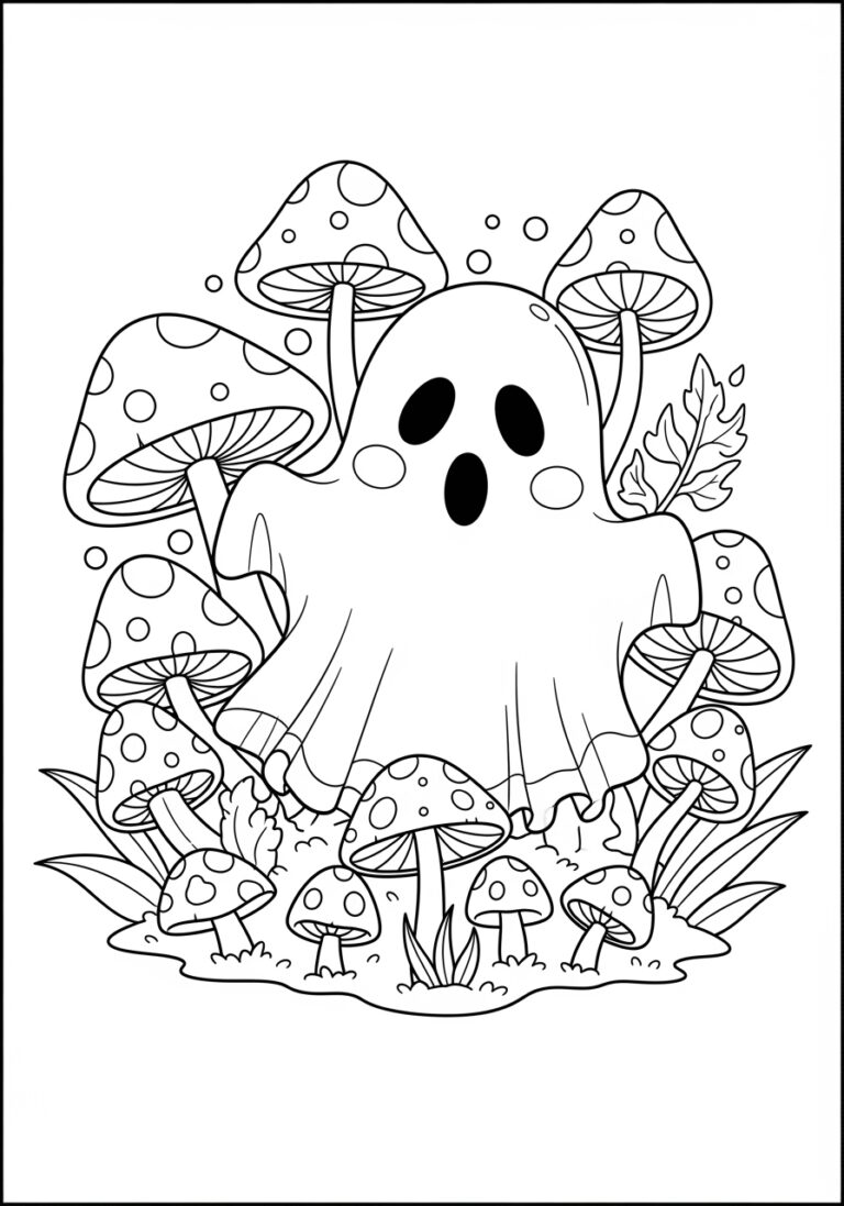 Ghost in a Garden of Mushrooms Coloring Page