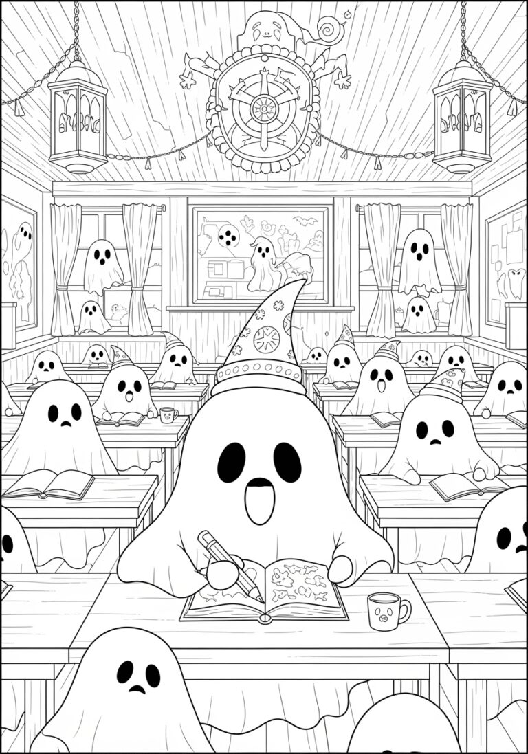Ghost in a Magic Classroom Coloring Page