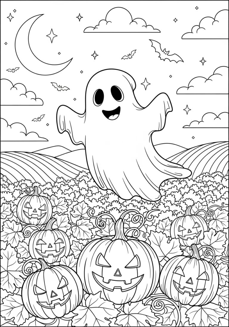 Ghost in Pumpkin Patch Coloring Page