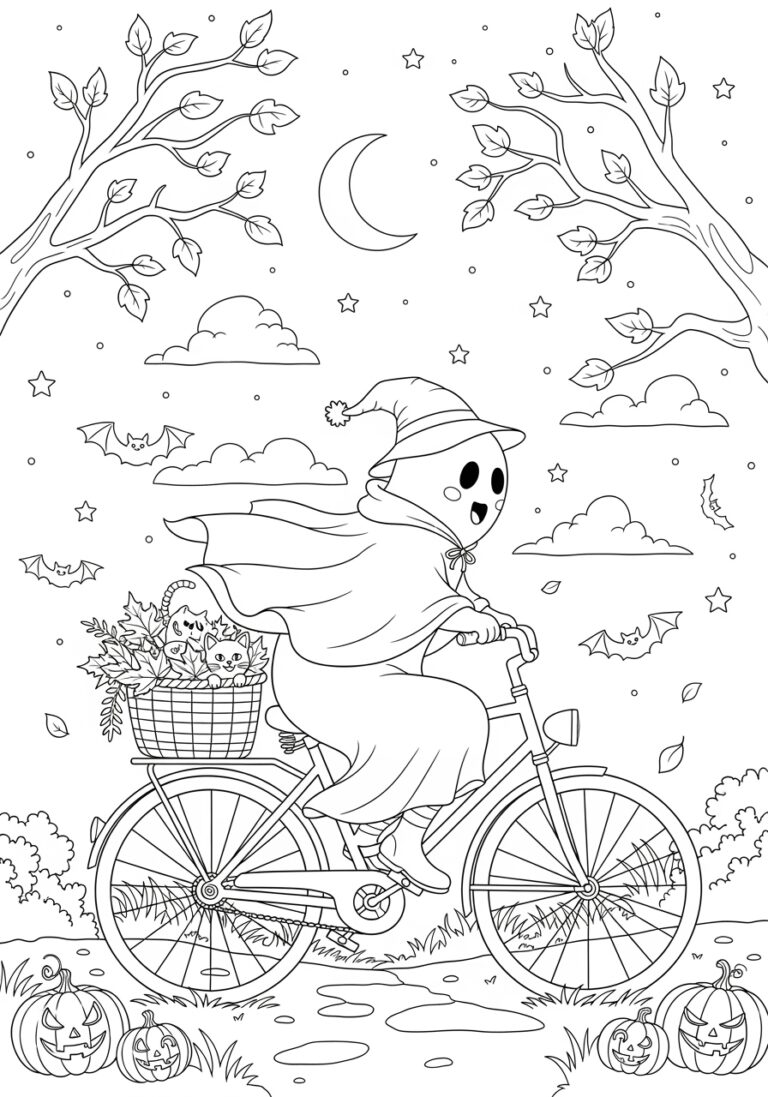 Ghost riding a bicycle coloring page