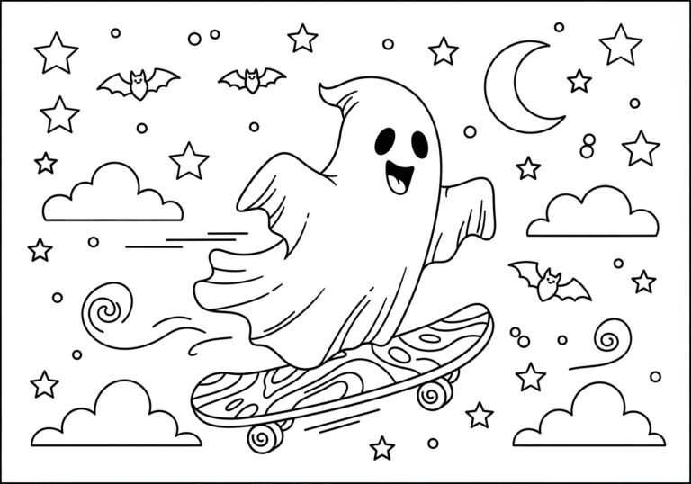 Ghost Riding a Skateboard Coloring Page