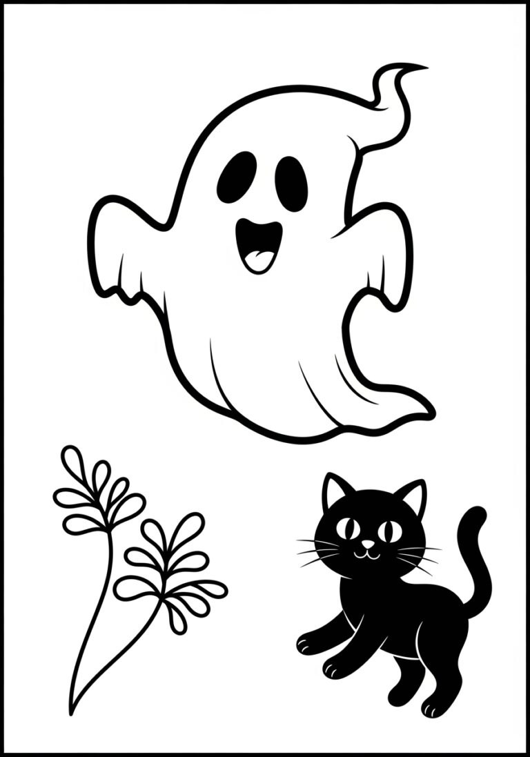 Ghost with a Friendly Black Cat Coloring Page to Print