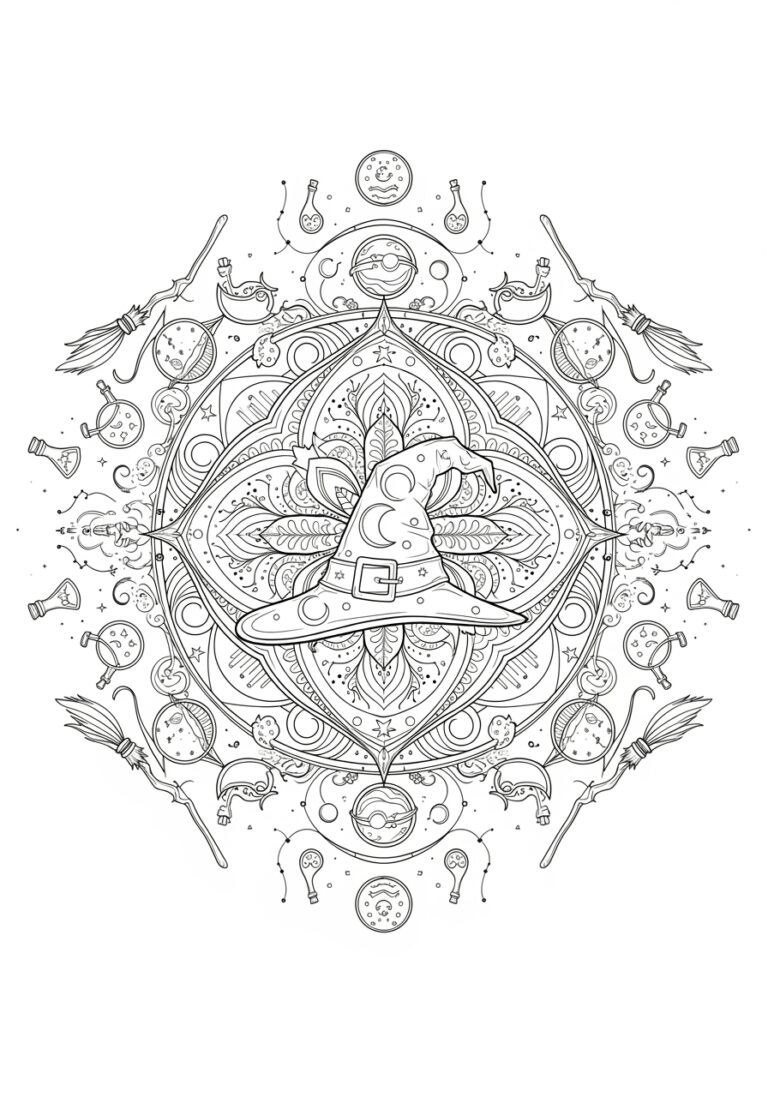 Hocus Pocus Adult Mandala Witch Motif Coloring Page
