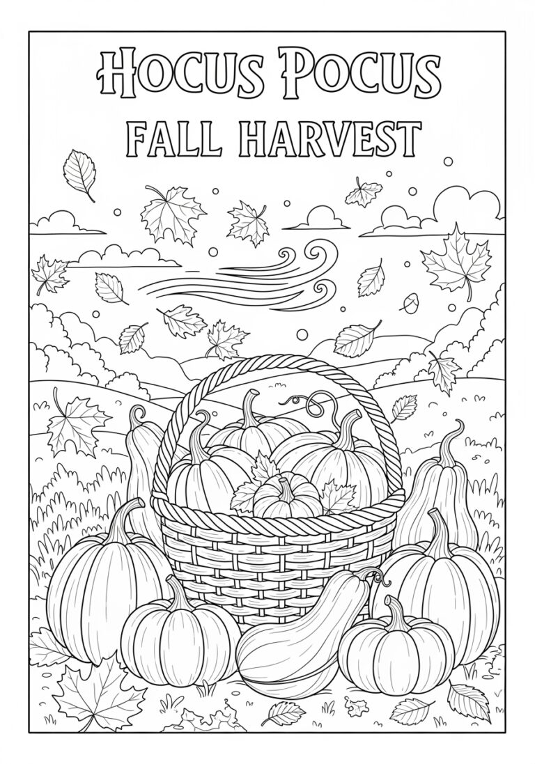 Hocus Pocus Fall Harvest Pumpkin and Leaf Coloring Page