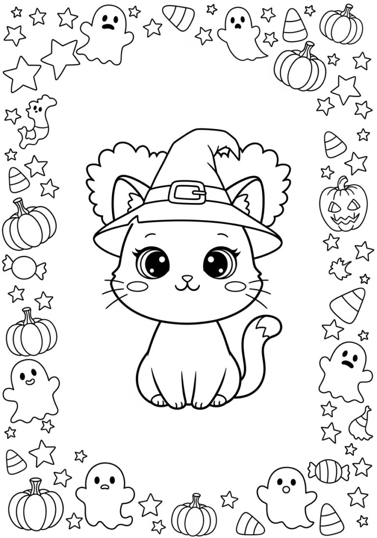Hocus Pocus Kawaii Black Cat Coloring Page
