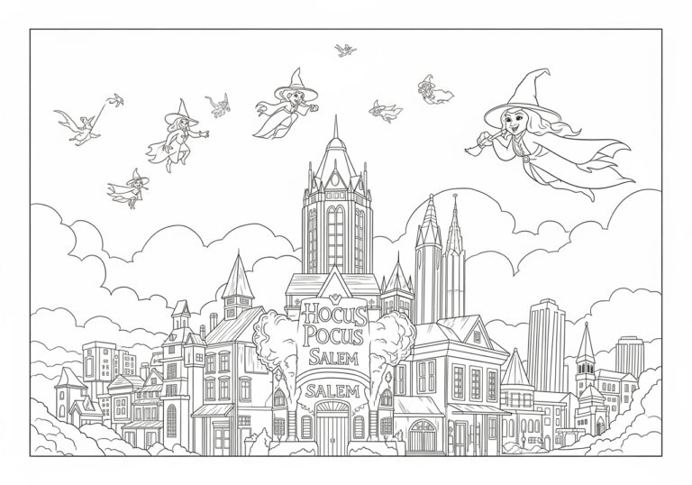 Hocus Pocus Salem Skyline with Witches Flying Coloring Page