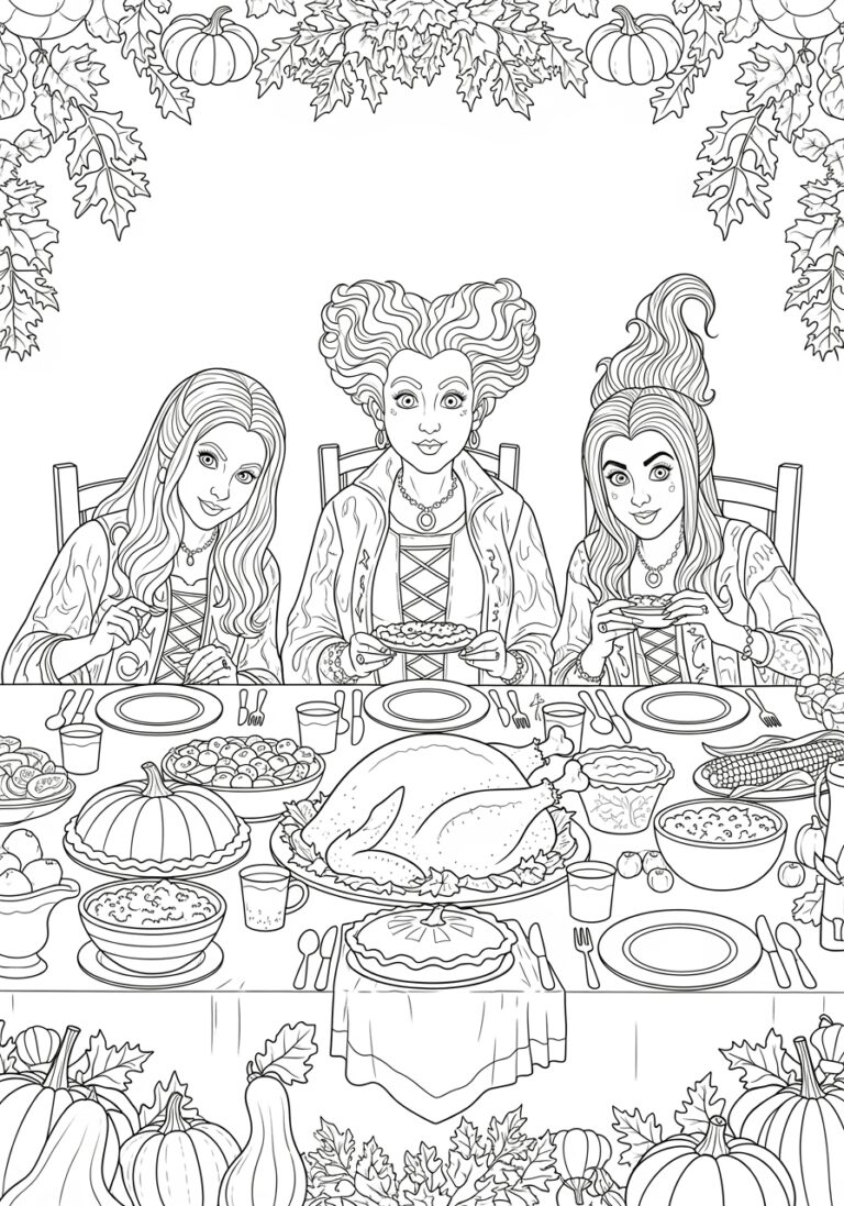 Hocus Pocus Thanksgiving Feast with Witches Coloring Page