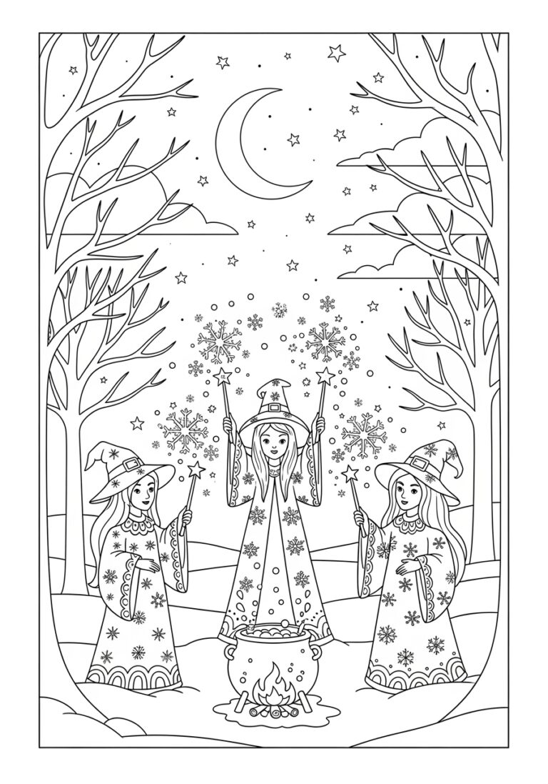 Hocus Pocus Winter Snow Witch Scene Coloring Page