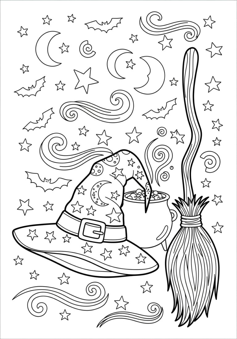 Hocus Pocus Witch Hat and Broom Doodle Coloring Page