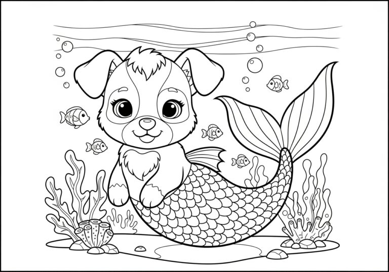 Mermaid Puppy Coloring Page to Print and Enjoy