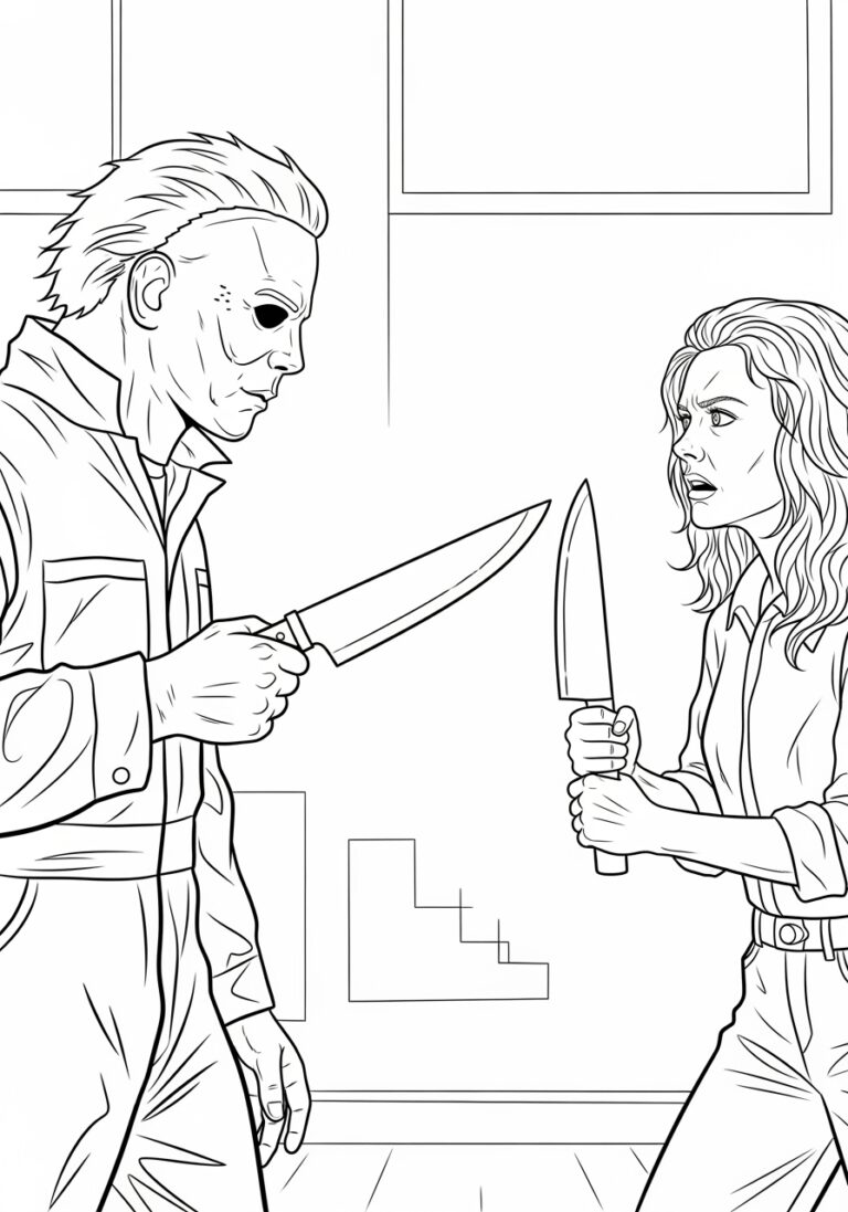 Michael Myers and Laurie Strode Face-Off Coloring Page