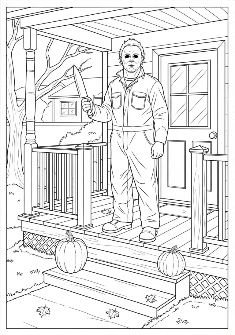Michael Myers and Suburban Porch Scene Coloring Page